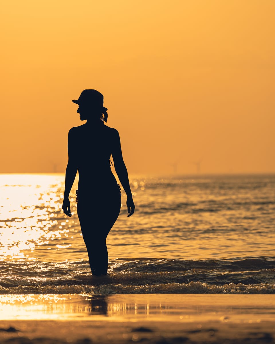 The silhouette of a woman in a hat wading into a glittering golden sea.